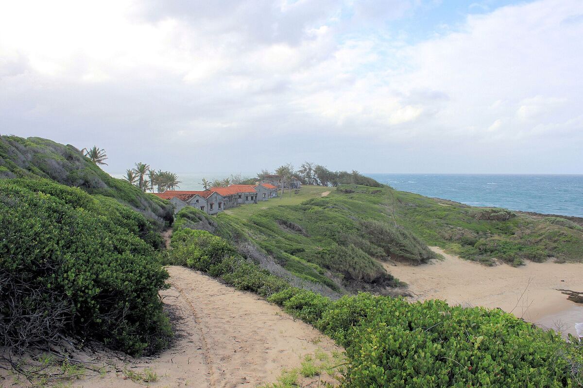 A sand track through the dune bush towards the point and the old hotel