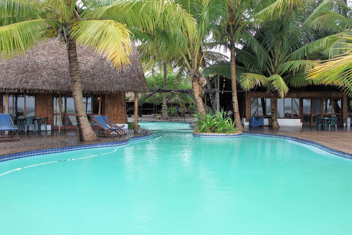 The pool and thatched decks at Pomene Lodge among palms